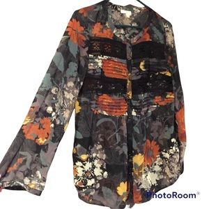 Anthropologie X Meadow Rue Long Sleeves Floral Print Top Blouse Tunic Size 8